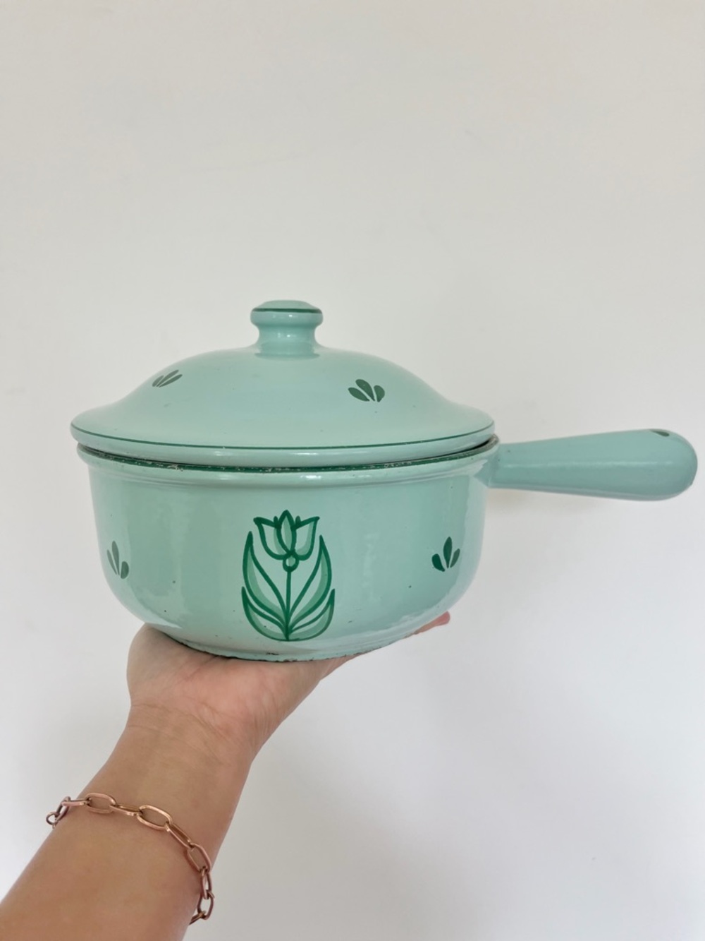 Vintage Dru Holland Blue Green Tulip Enamel Cast Iron Pot #18 READ NOTES USED